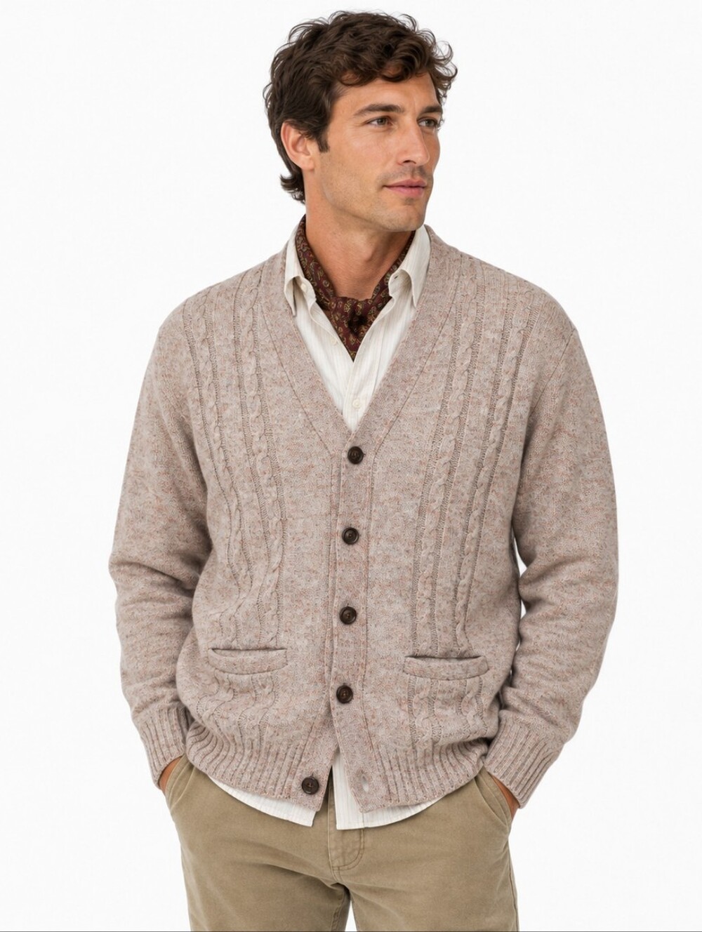Vintage 70s Jantzen Cable Knit Cardigan M Tan Heathered USA Preppy Dad Grandpa